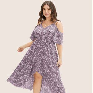 BloomChic Plus Size 2XL Ditsy Floral Pocket Wrap Cold Shoulder Ruffle Dress